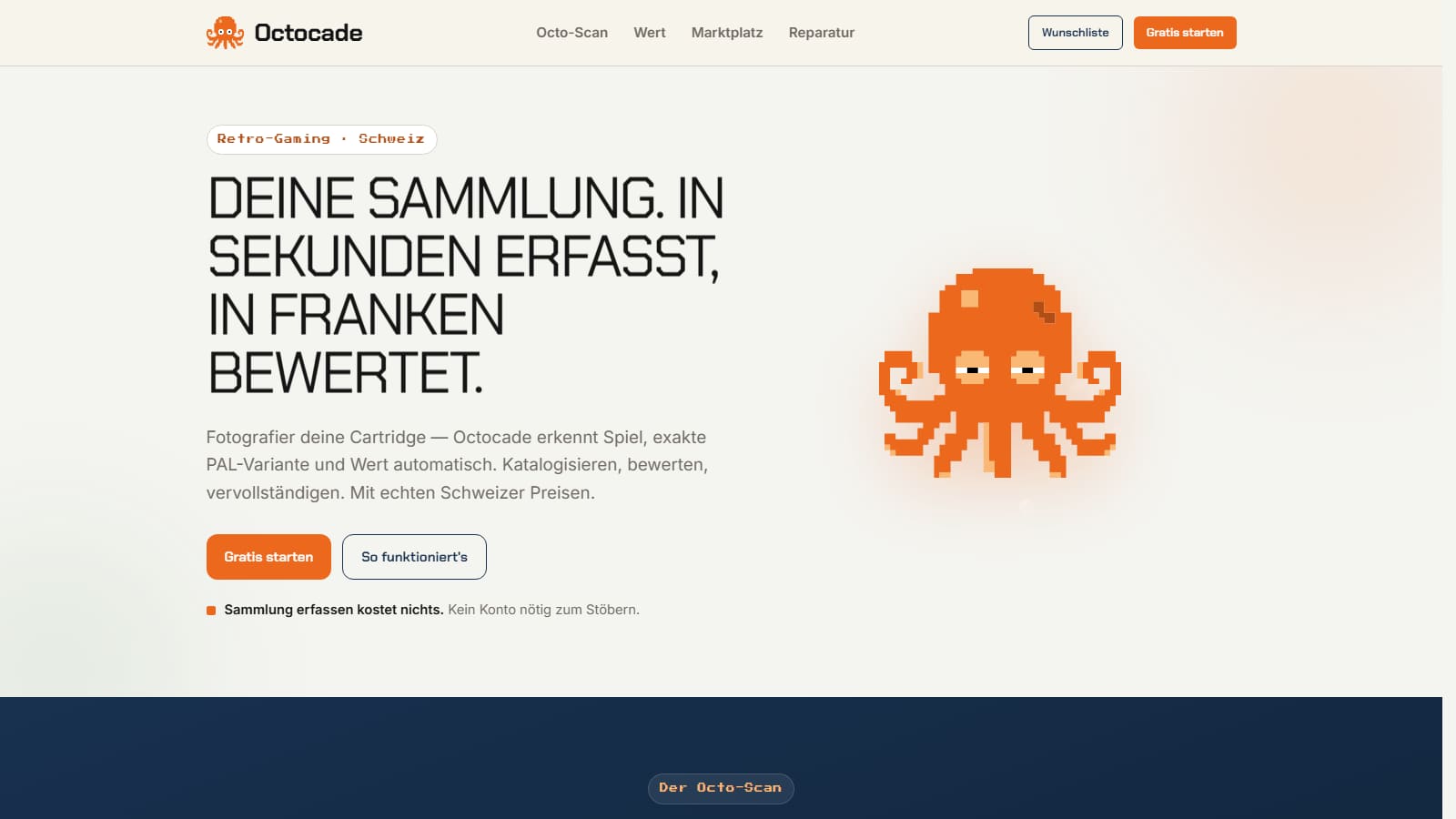 Octocade: Startseite auf dem Desktop